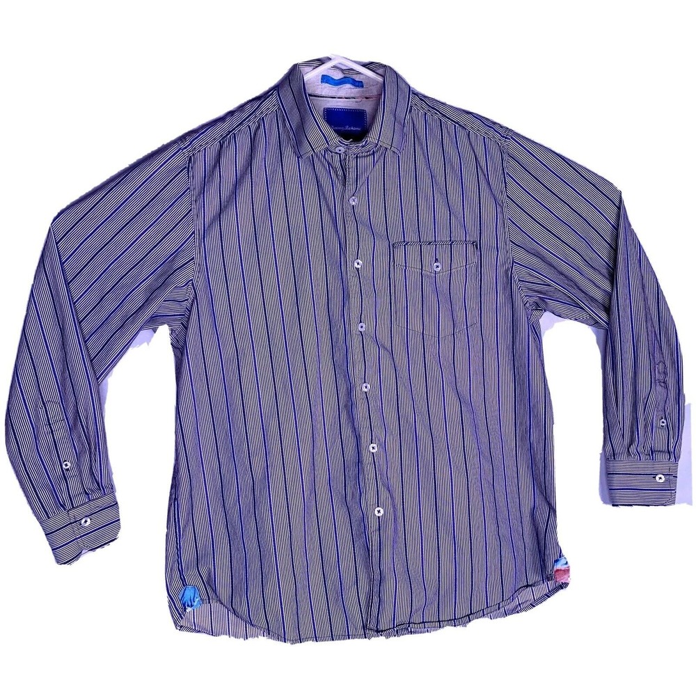 Tommy Bahama Mens L Cotton Blue/White/Black Striped Shirt Button Long Sleeve